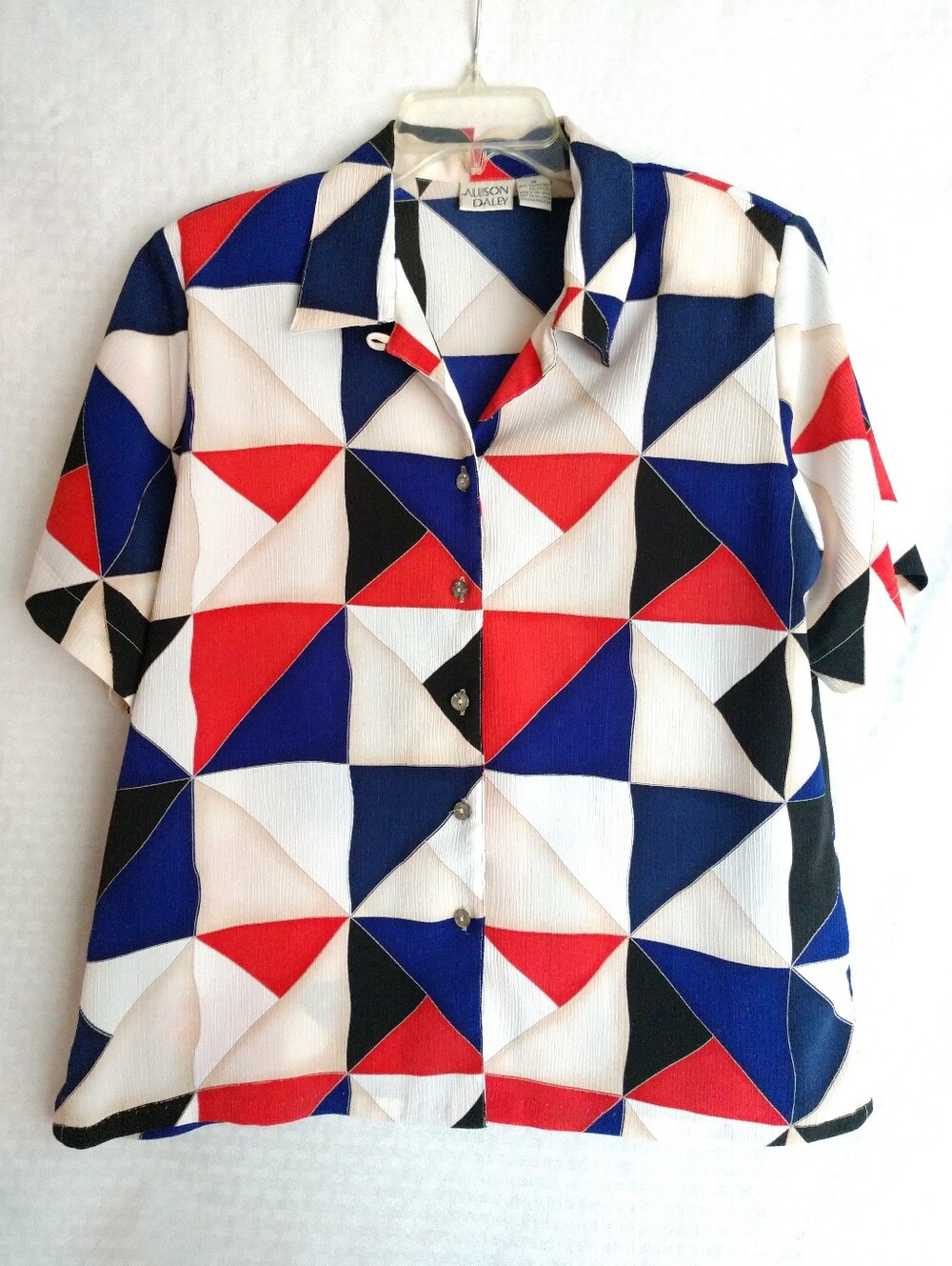 Allison Daley Blouse Shirt Multicolor Geometric Print Short Sleeve 14 Chest 42"